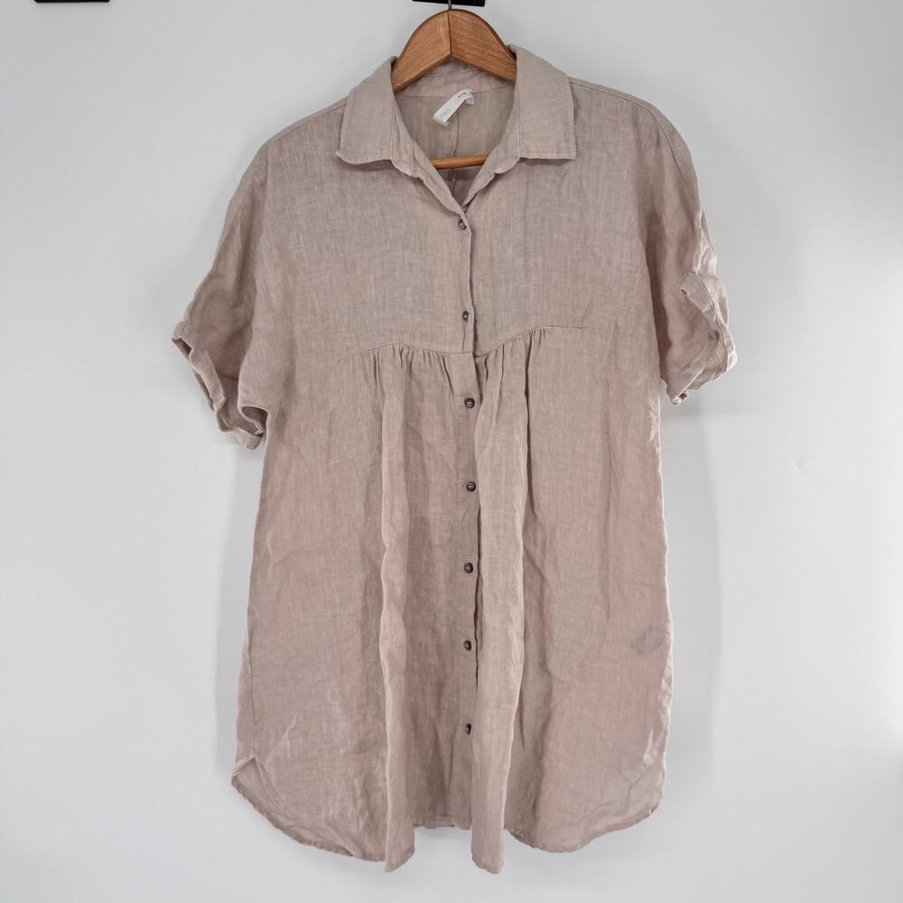 Zara Girls 11-12 152cm 100% Linen Shirt Dress Beige Button Front Short Sleeve
